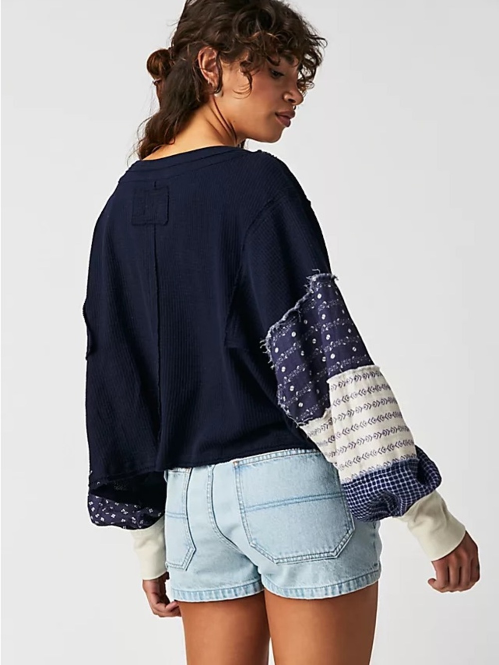 We The Free Calico Long Sleeve Navy Patchwork Women's Top